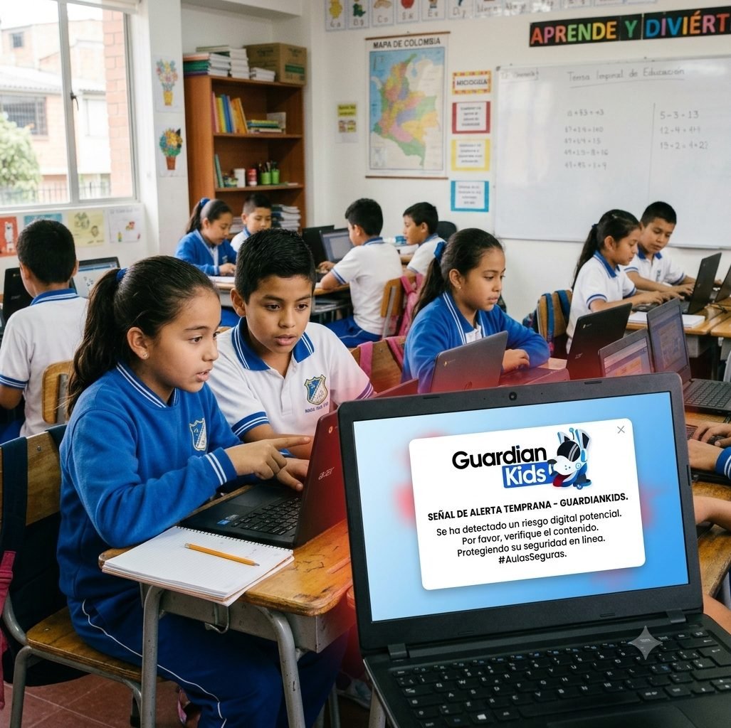 Aula de colegio con notebooks mostrando una alerta temprana de GuardianKids en pantalla