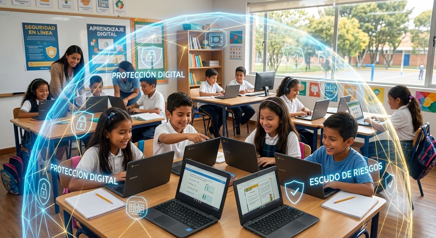 Estudiantes en el salón de clases protegidos por el escudo digital de GuardianKids